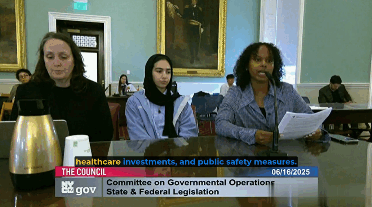 Budget Advocacy Manager Naima Dahir testifying on behalf of AAFSC in favor of Intro 1134 at City Hall.